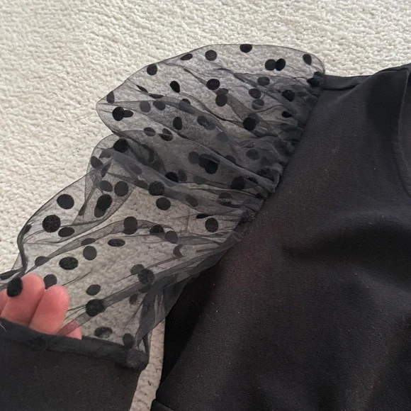 See the Shades Black Top with Sheer Polka Dot Sleeves Sz Large Puff Sleeves - Picture 8 of 9